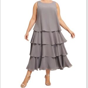JJ’s House A-line Scoop Tea-Length Chiffon Mother of the Bride Cascading Ruffles
